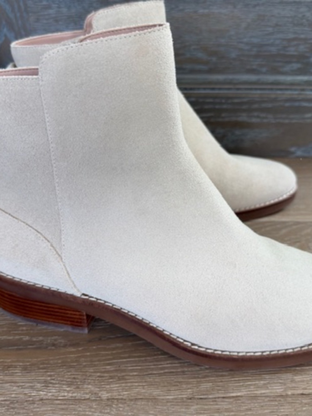 Cream suede leather booties, low heel, side zipper